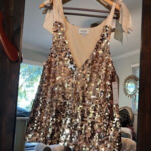 Aura Cream and Gold Sequin Top with satin bows at shoulder NEW